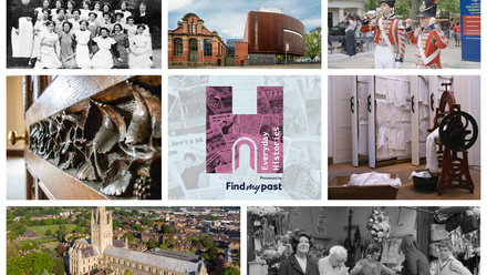 Image mosaic of old photographs of people, plus a cathedral, a museum, and a laundry.