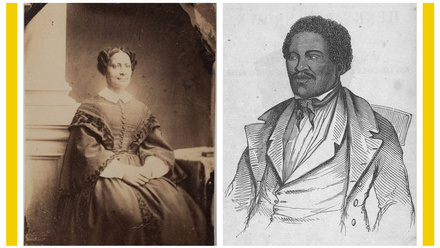 Two images: Photograph of black Victorian woman, seated. Illustration of black Victorian man.