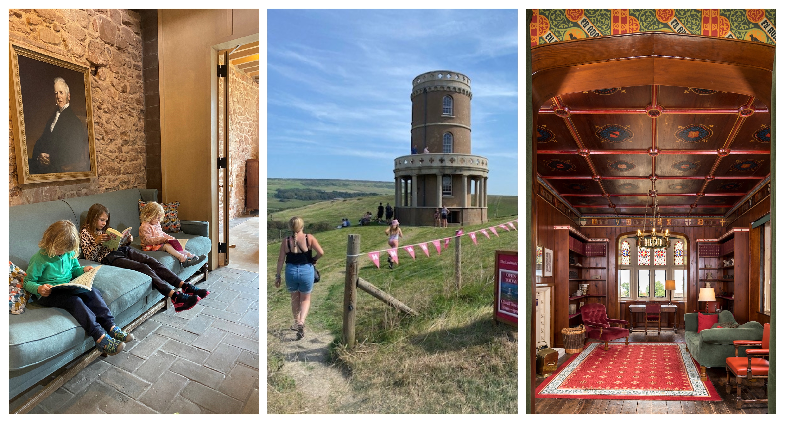 Three images in a row: children on a sofa, people walking towards a folly on a hill, wood panelled interior with red rug.