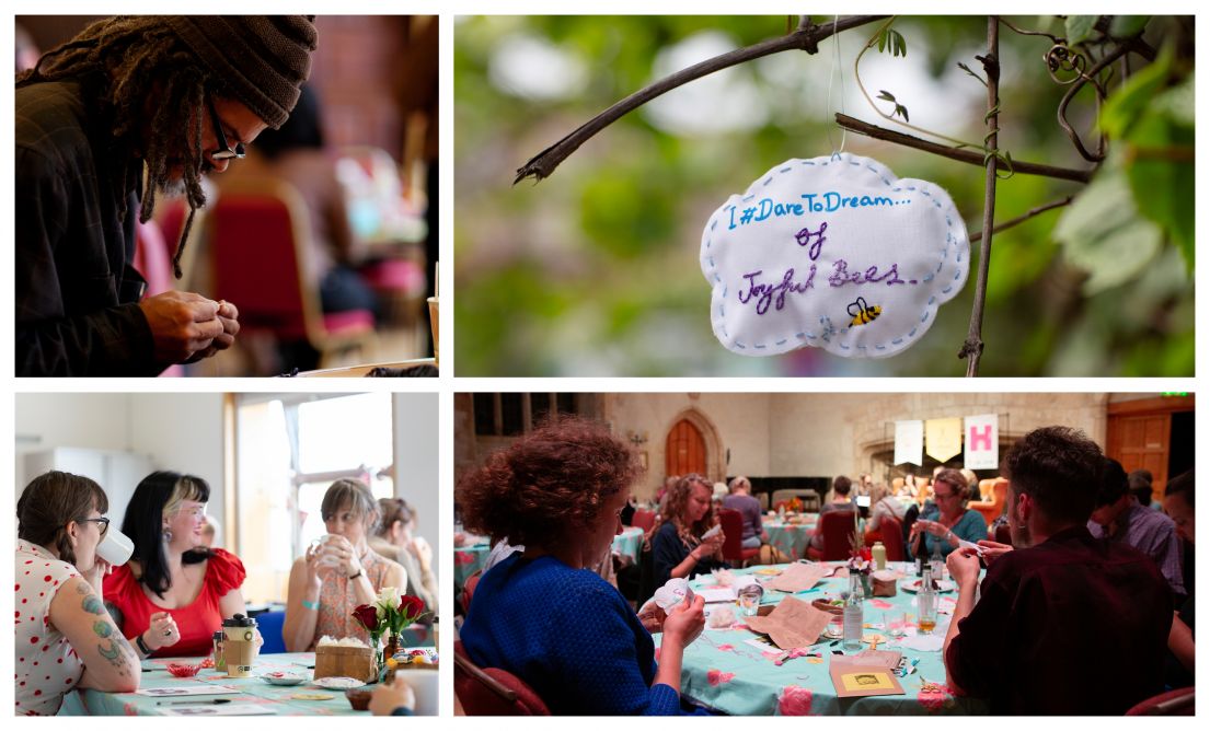 A collage showing the craft actives of the dare2dream project, from people sitting around tables crafting to a finished image of the cloud craft.