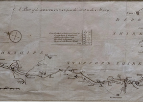 !8th century line drawing of a canal route with towns marked.