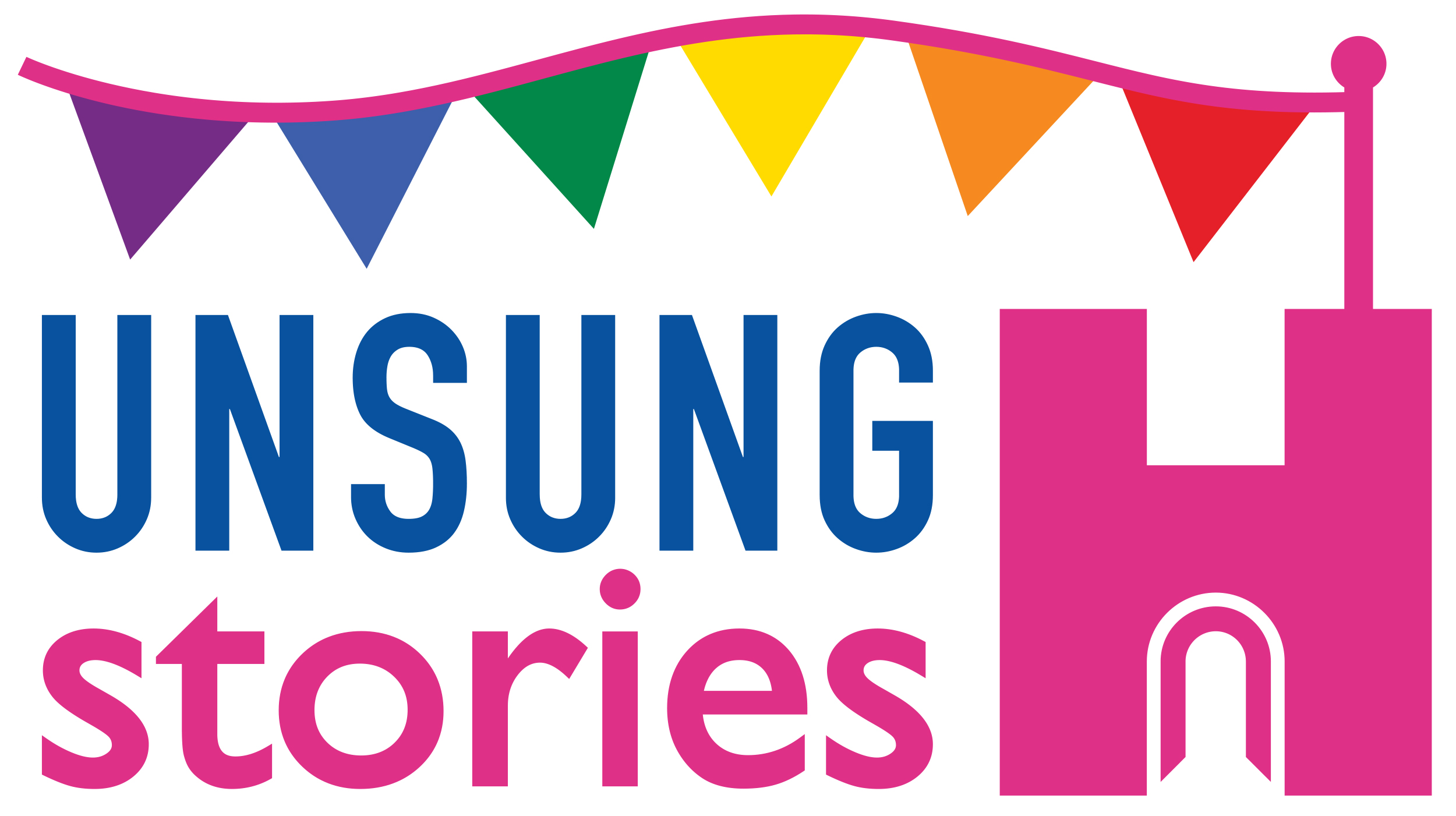Unsung Stories logo with rainbow bunting flying from a pink H.