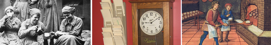 decorative banner containing three images: a photo of women drinking tea, a photo of a timecard clock, and an illustration of two people making bread