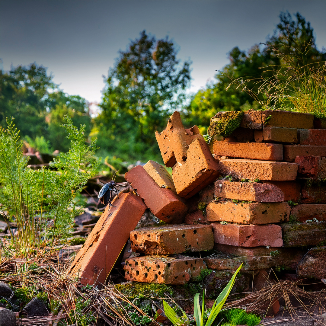 Beetle climbing a pile of bricks in a patch of grass.