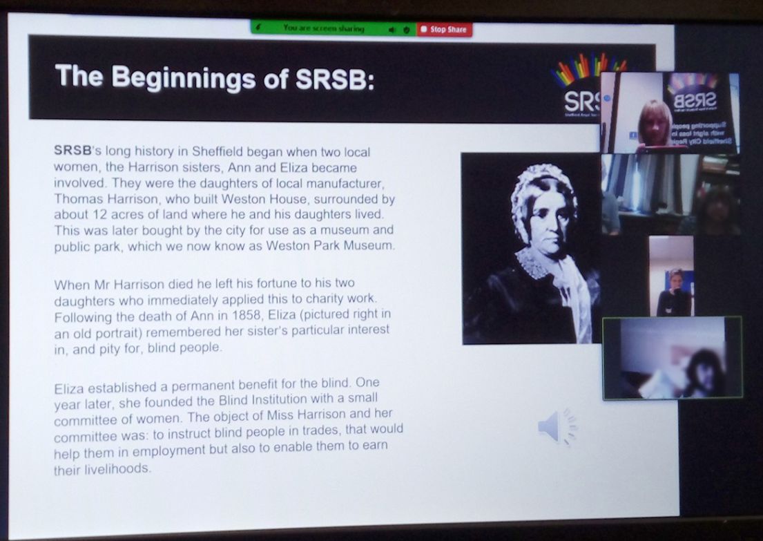 A picture taken of someone's computer screen during a zoom meeting. A presentation is being shared on the screen 'The Beginnings of SRSB'