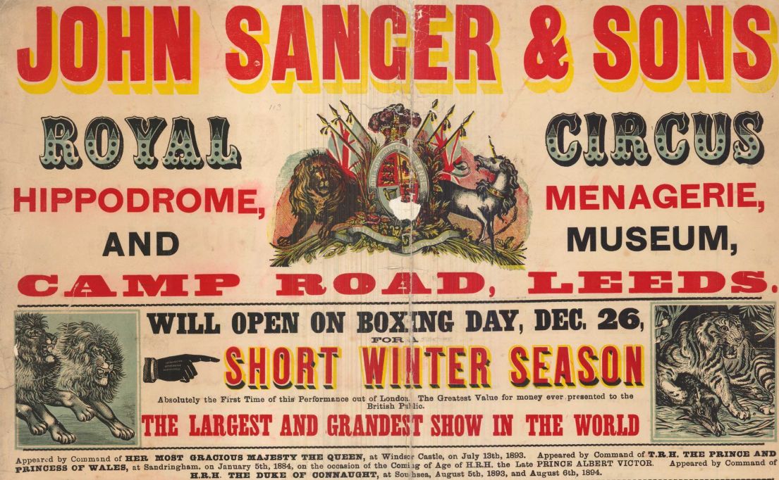 Old circus poster with images of lions and tigers.
