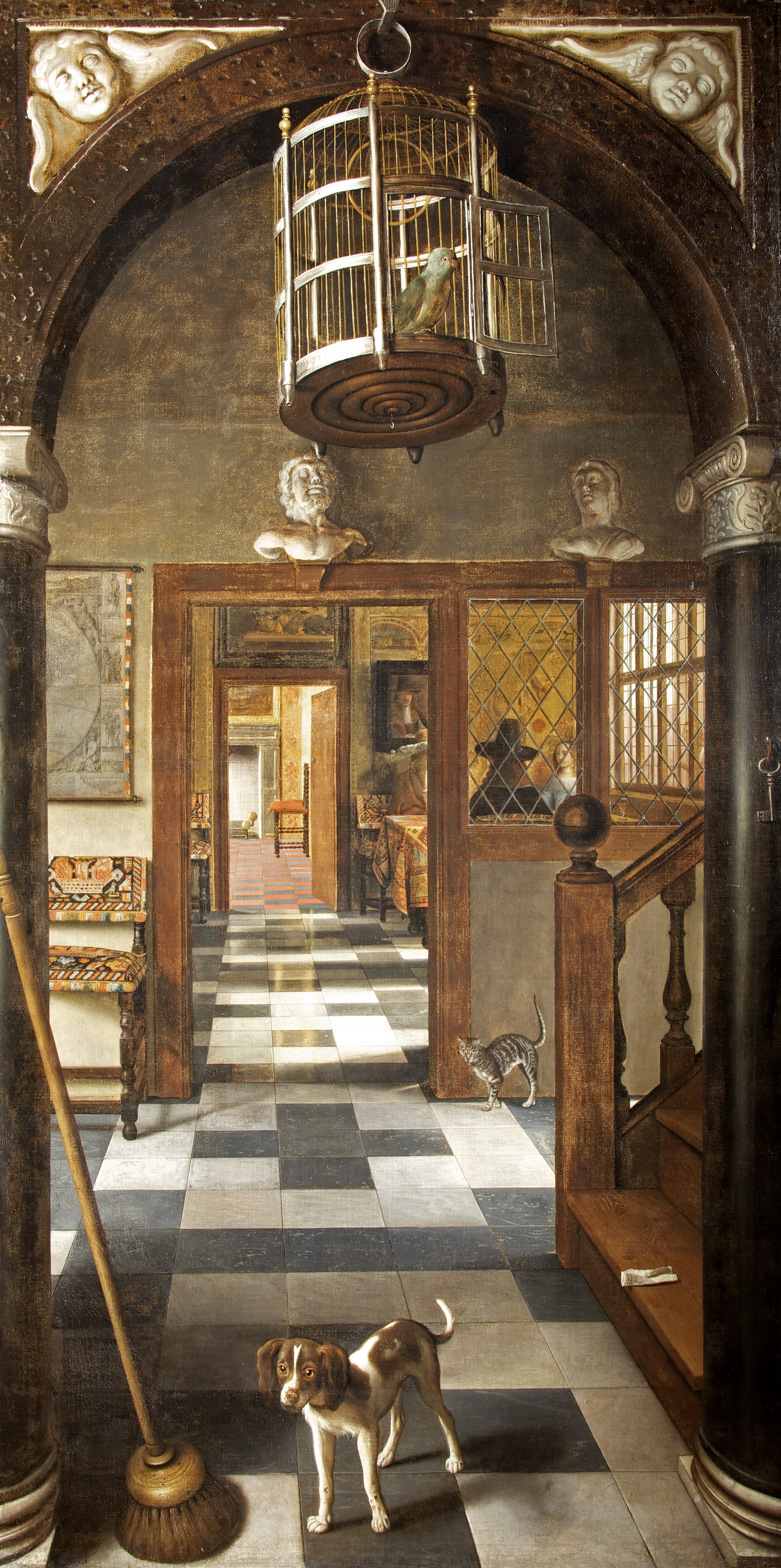 Realistic painting of view through an old, grand house with a chequerboard stone floor. A spaniel in the foreground and cat by the next door.