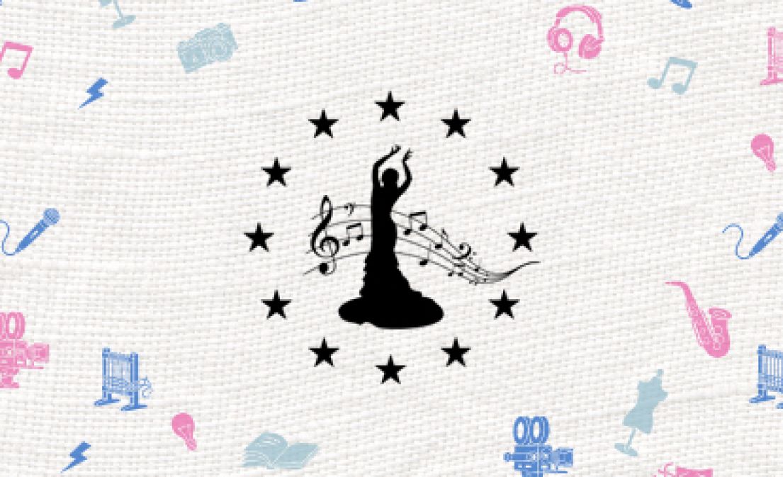 Logo design of a silhouette of a woman dancing surrounded by a circle of stars and a line of music.