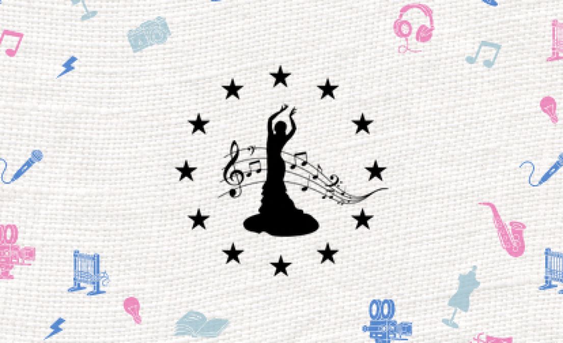 Logo design of a silhouette of a woman dancing surrounded by a circle of stars and a line of music.