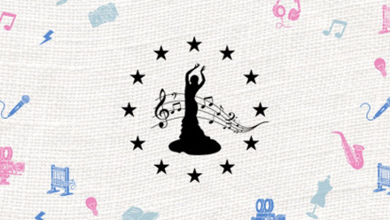 Logo design of a silhouette of a woman dancing surrounded by a circle of stars and a line of music.