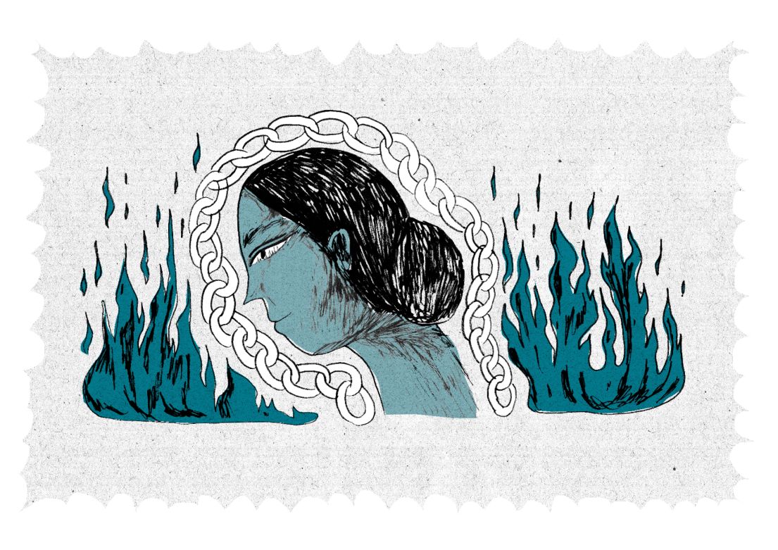 An illustration of a women from the neck up, the outline of her head is traced by a chain, either side are blue flames.