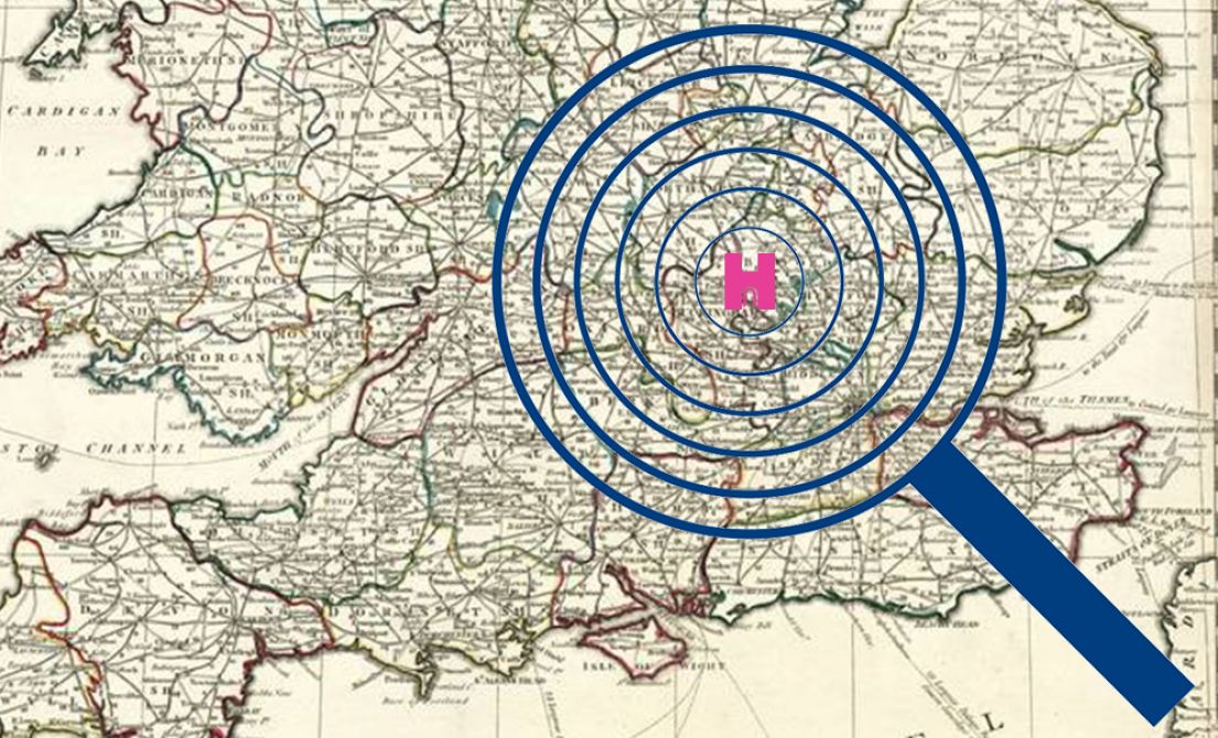 A magnifying glass over a map of England. In the centre of the Magnifying glass is the Pink H HODs logo.