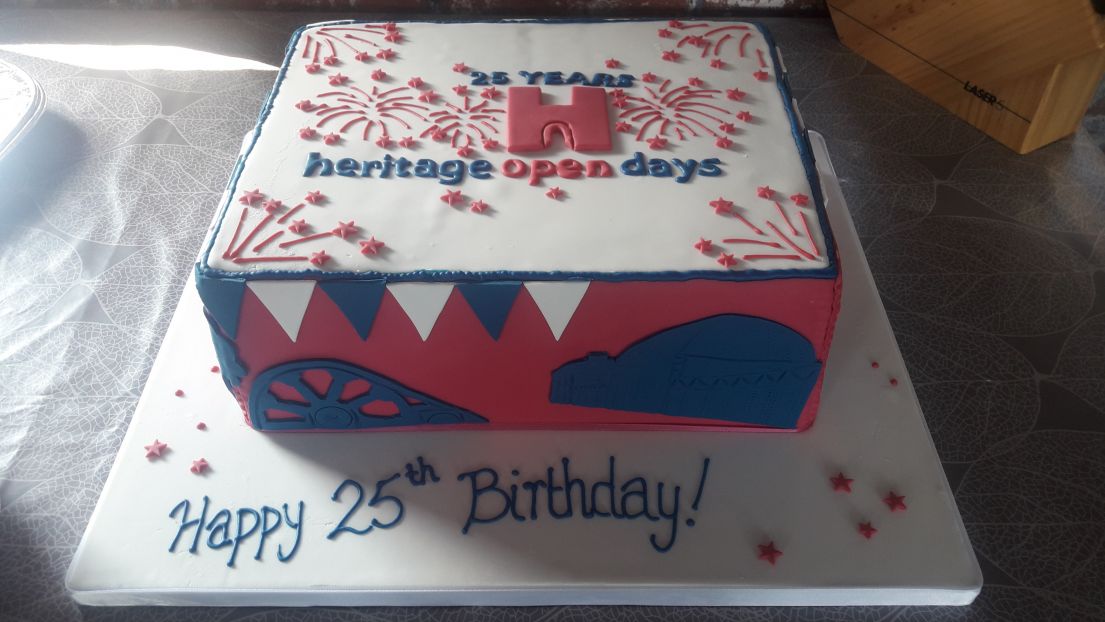 A square cake with a bottom white icing, decorated and highlighted in dark blue and pink. The text reads 'Happy 25th Birthday'