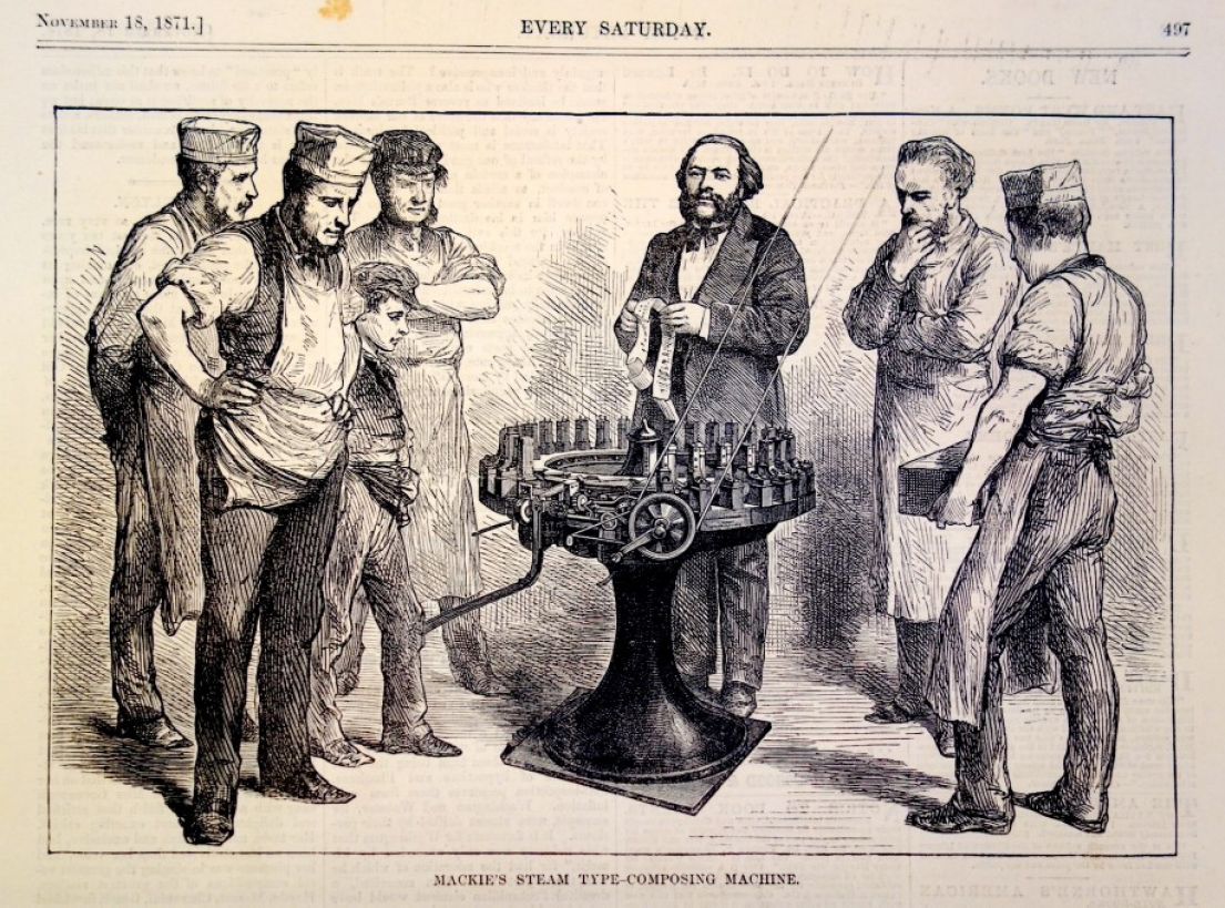 A clipping from a Victorian newspaper, showing a drawing of a man showing off a contraption on a stand to a group of men.