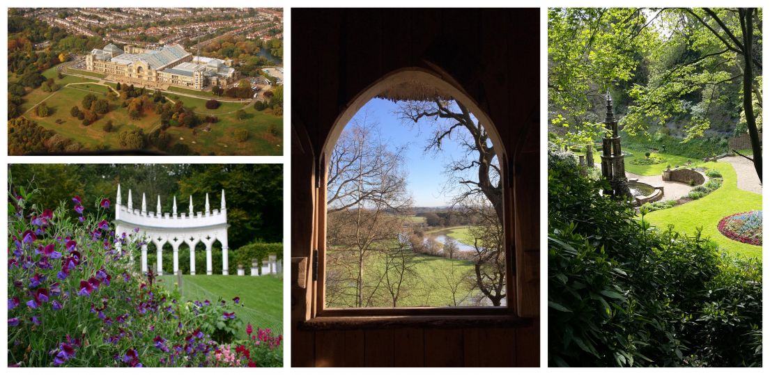 A collage of images of gardens; from pictures taken from drones, unique garden futures and views from windows.