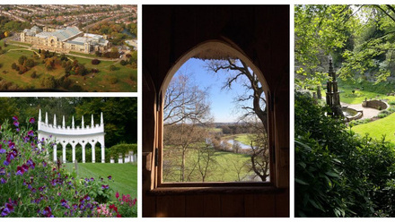 A collage of images of gardens; from pictures taken from drones, unique garden futures and views from windows.