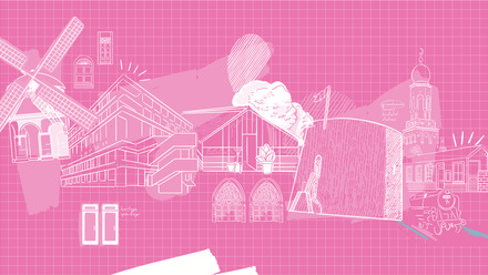 Illustrations of different buildings on a pink background.