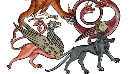 Drawings of mythical beasts.