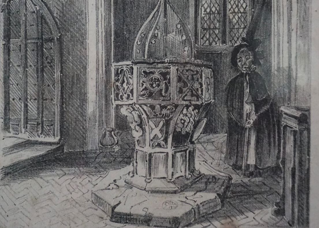 A black and white drawing of a Victorian women with a bonnet and cape, standing by an elaborately decorated church font.