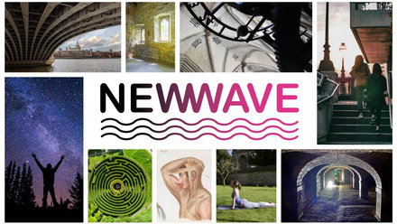 Mosaic of photographs surrounding the New Wave logo. Images include archways, surgical art illustration, a woman doing yoga in a garden, and a person 
