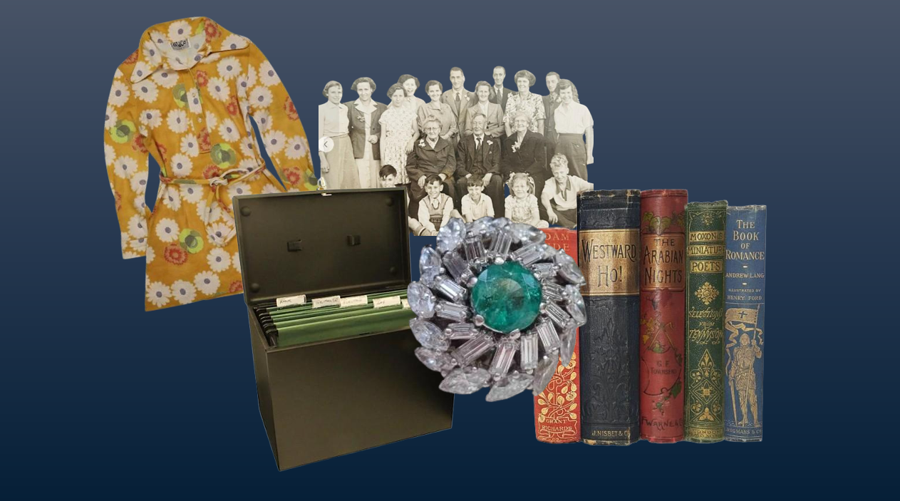 Group of images: yellow rain coat, old photograph, paper filing box, jewelled broach and set of harback books.