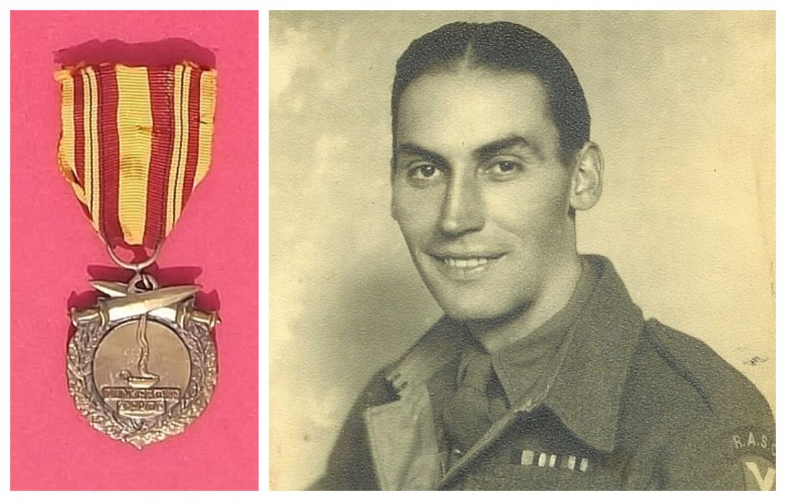 A black and white image of Jim Chivers, a man in RASC uniform, next to the medal he was received for his efforts at Dunkirk.