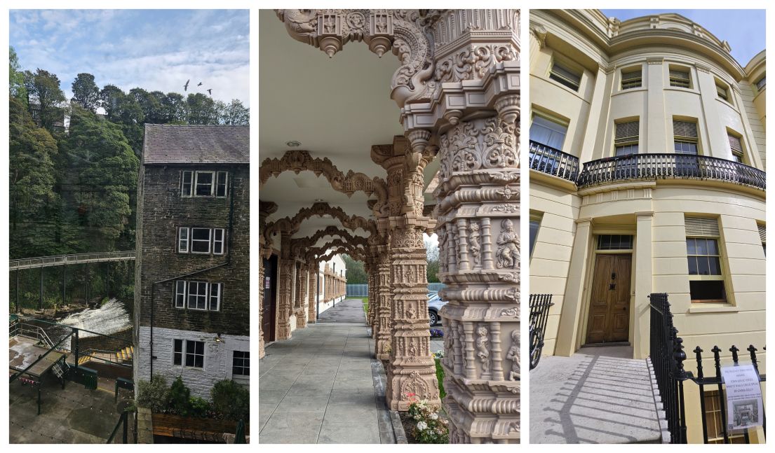 Three images. A stone mill in a wooded valley. Ornately carved arched supports over a passage. A  grand cream coloured terraced town house.