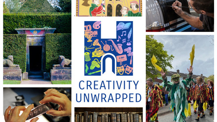 Collage of images around Creativity Unwrapped logo showing topiary, morris dancers, someone painting, a shelf of books and hands holding film negative
