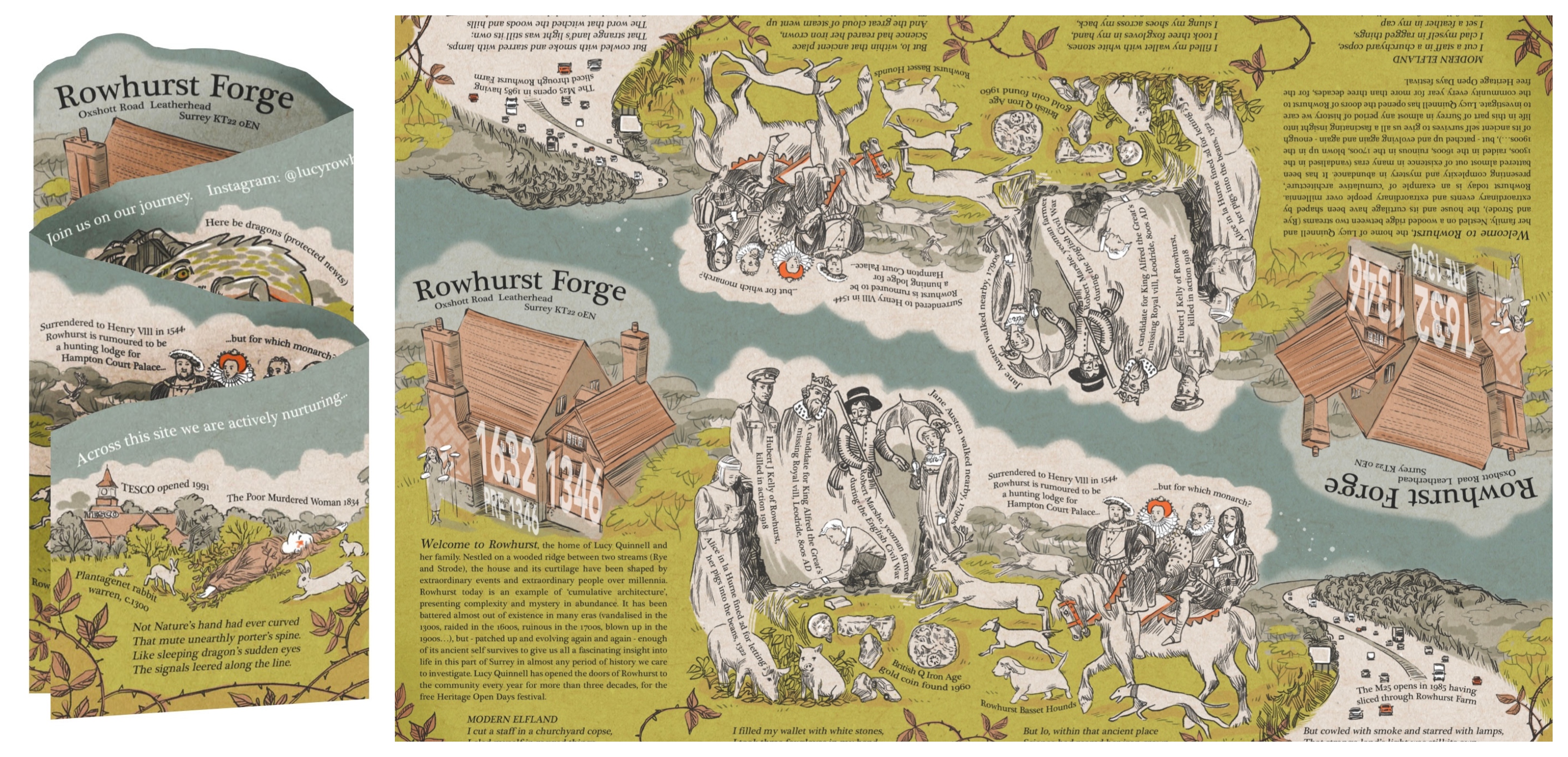 Tri-fold leaflet illustrated with people, animals, a house and a road within green landscape.