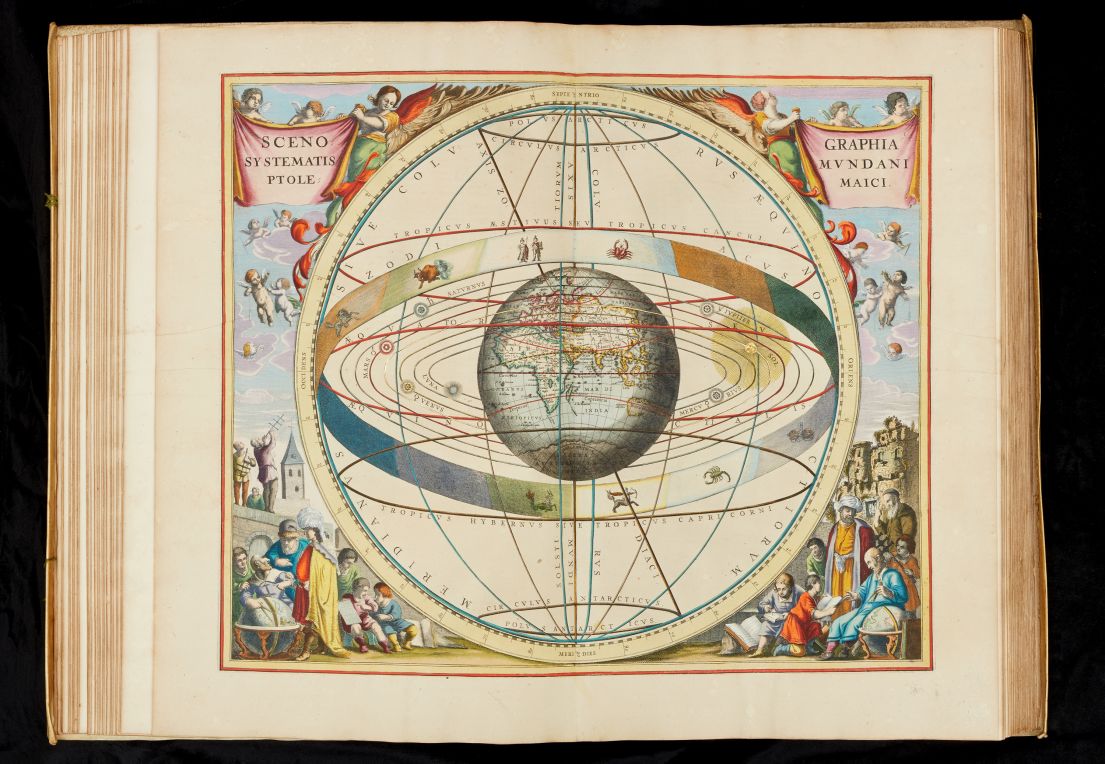 An open page of a book showing a coloured drawn atlas, showing the earths rotation.
