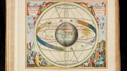 An open page of a book showing a coloured drawn atlas, showing the earths rotation.