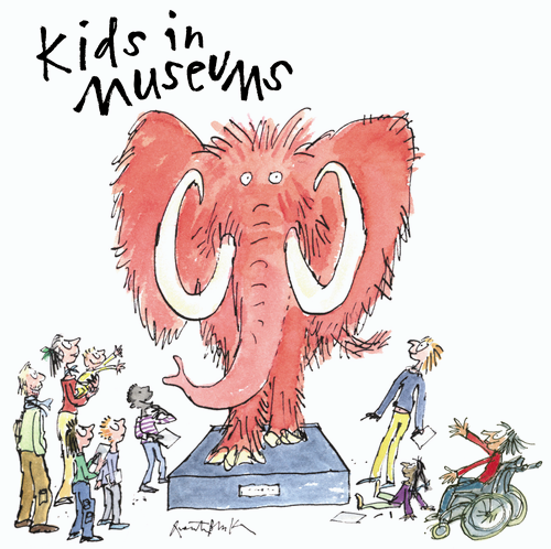 Kids in Museums logo featuring an illustration designed by Sir Quentin Blake, depicting a mammoth being observed by a range of museum visitors