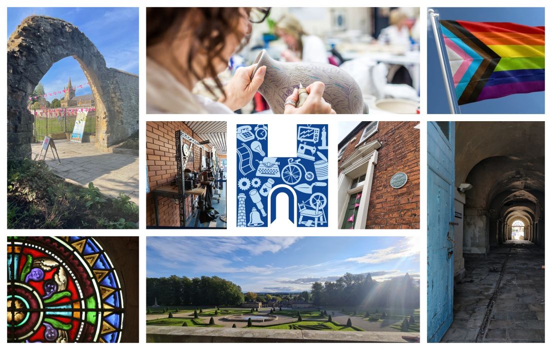 A collage of images, from the LGTBQ+ flag, a manicured garden at a stately home, look down a stone arched passageway and stained glass widnow