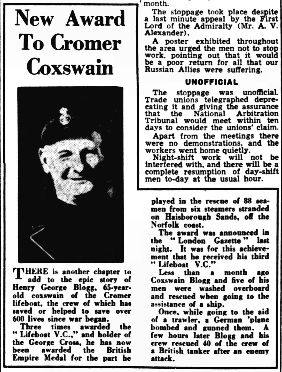 Newspaper clipping with photo of smiling man in a cap.