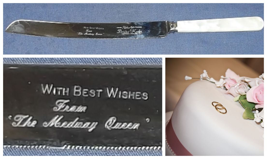 An engraved cake knife that reads 'With Best wishes, from the Medway Queen'. Next to an image of a cake.