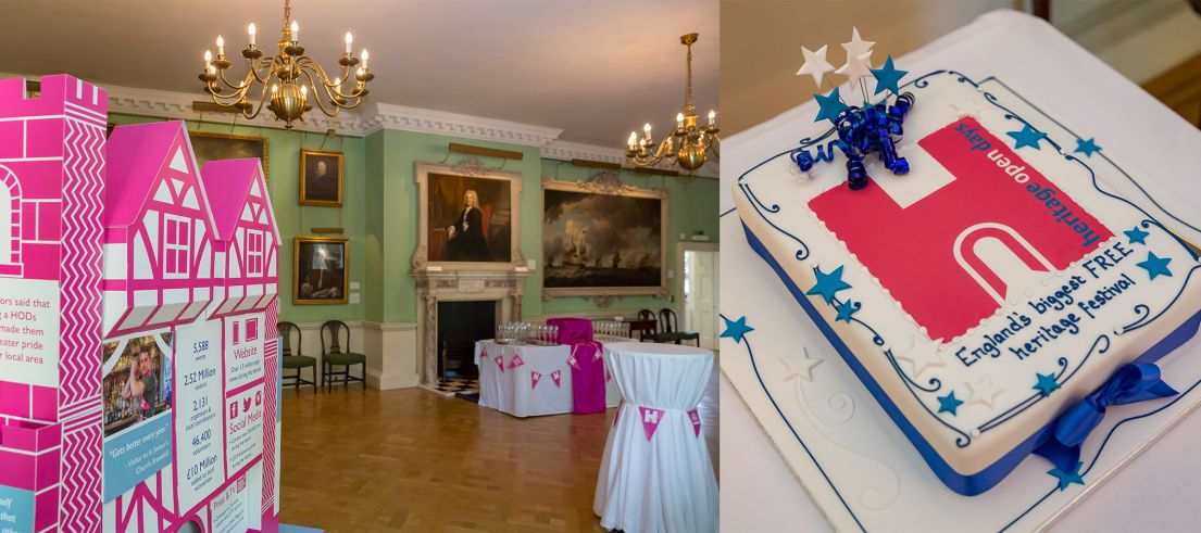 2 Images. (L) A 5ft cardboard castle with HODs info listed, in the background the rooms is set up for a party. (R) a HODs birthday Cake with logo!