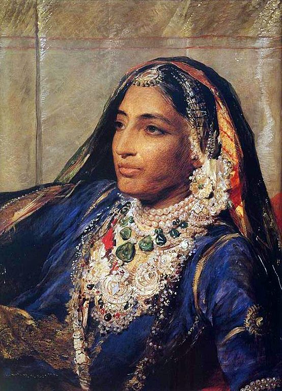 Painting of an Asian woman wearing a rich blue sari and jewelry.