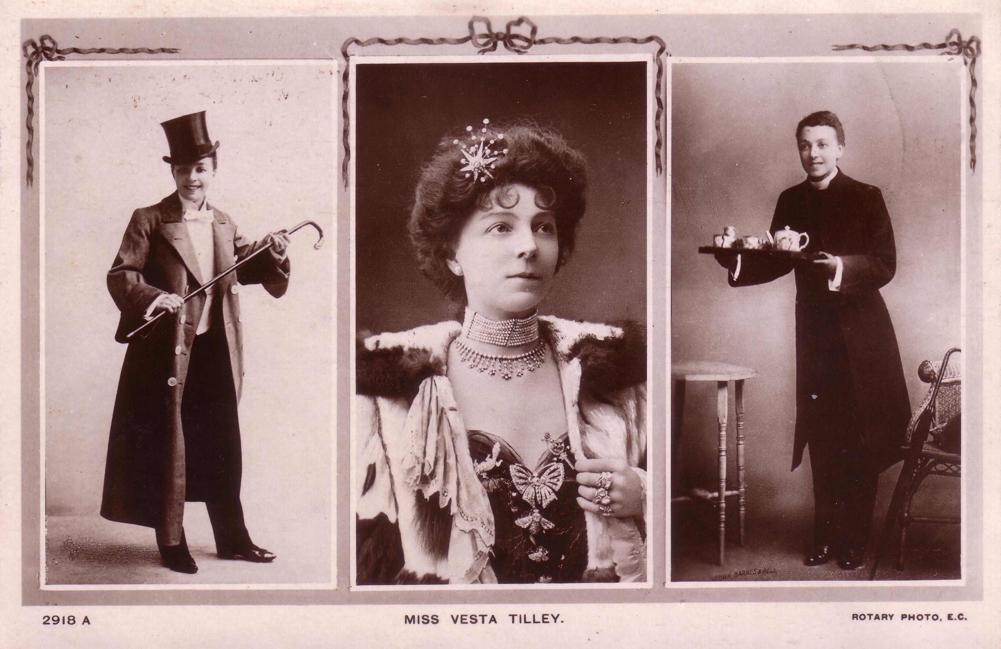3 images of the same woman, two in male attire and the central one in female evening gown.