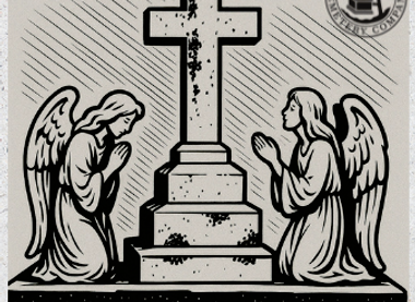 two kneeling angels and a crucifix in the middle
