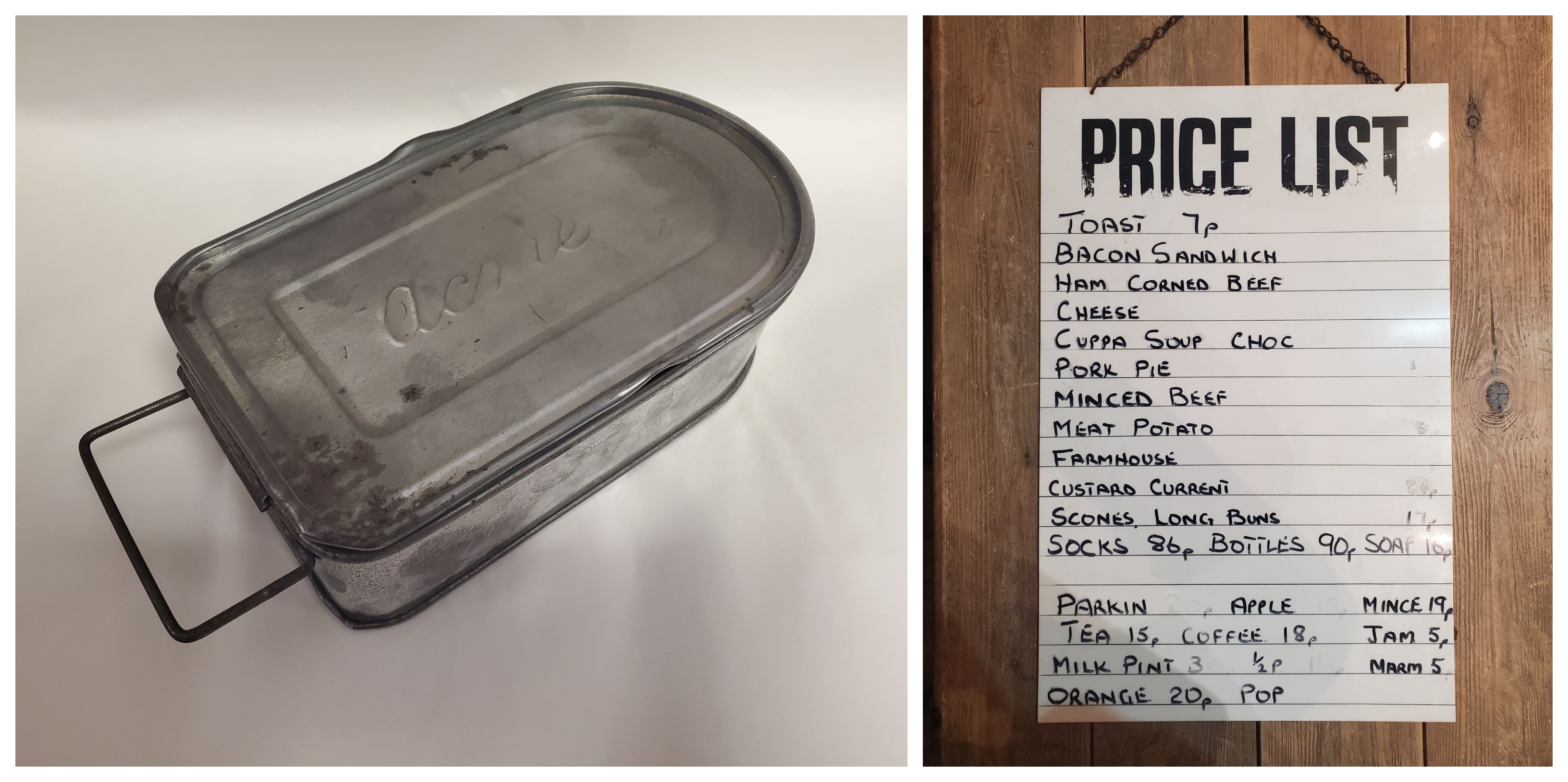 Lidded metal tin with a handle, and a price list.
