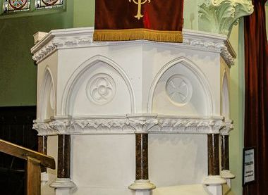 The stone pulpit set at the right hand side of the platform