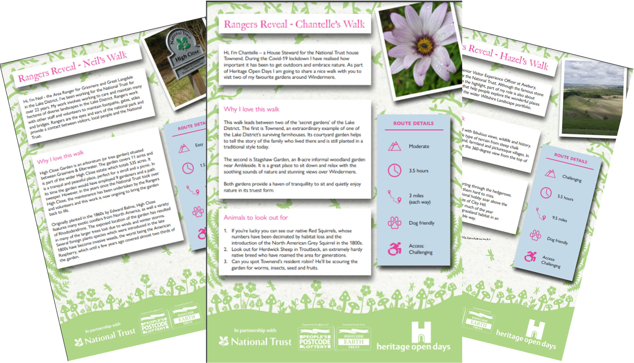 Image of three walk instruction sheets with photographs and illustrations of nature.