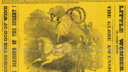 Circus poster illustration of a woman standing atop a galloping horse as men walk alongside.