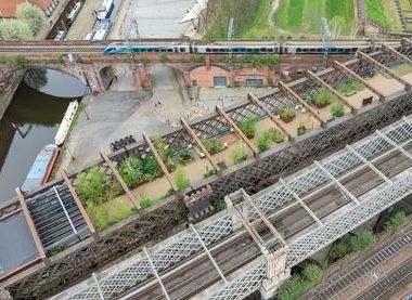 Castlefield Viaduct and the surrounding area from above