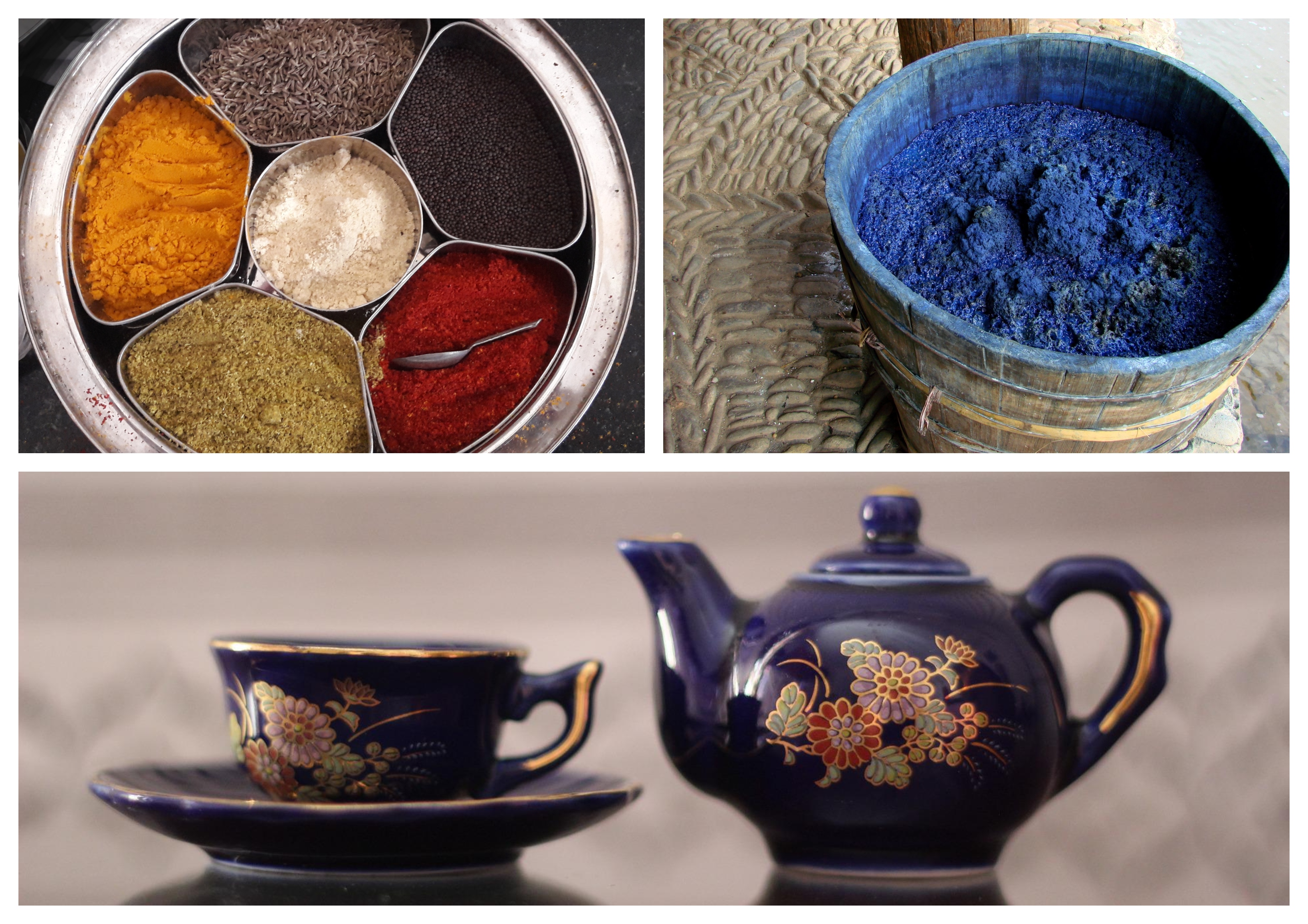 Collage: colourful spices in a bowl, basket of indigo dye, floral tea pot and cup.