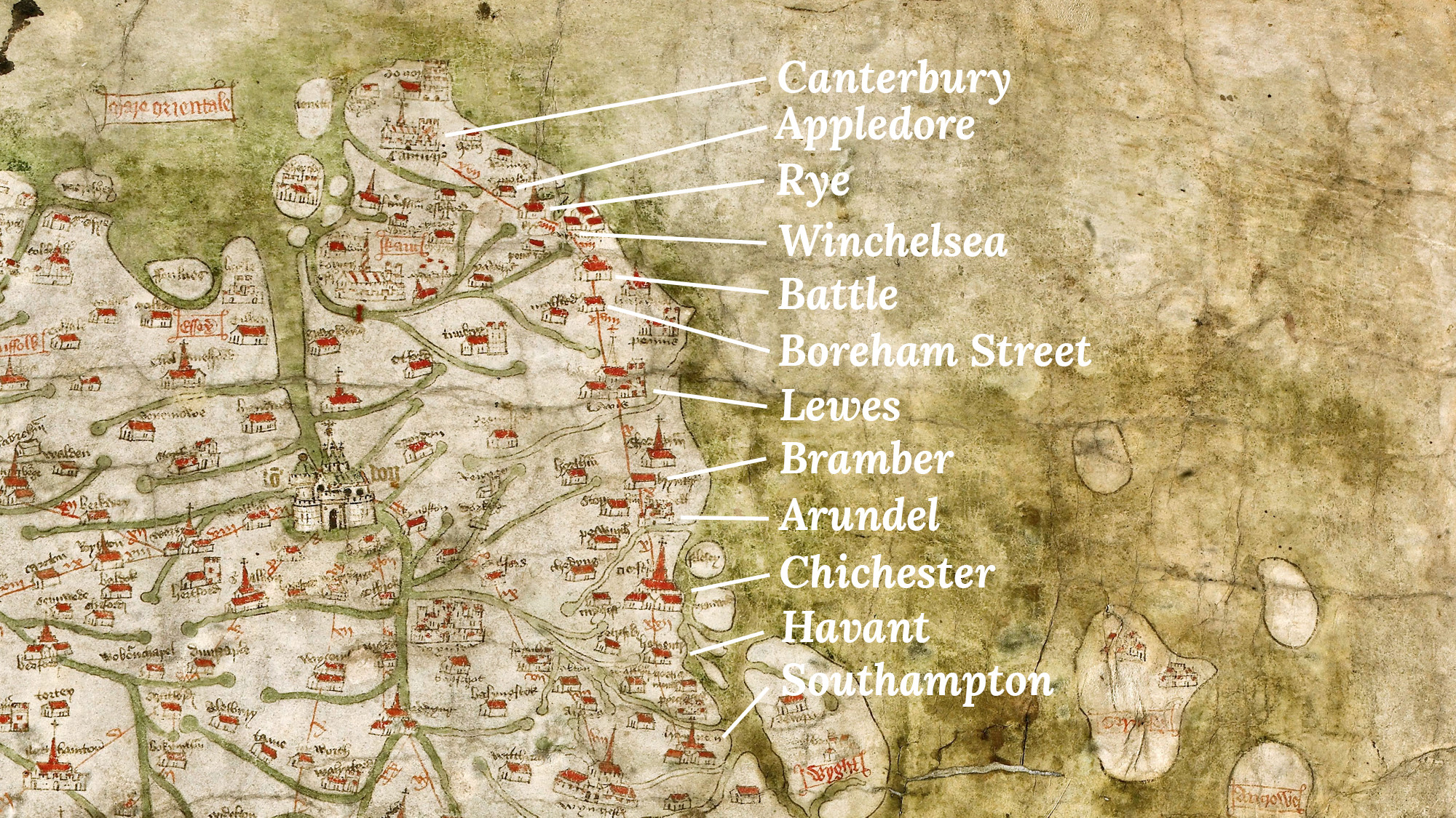 Old map of Kent highlighting pilgrimage stops.