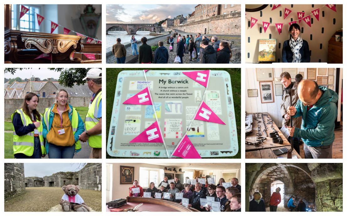 Mosaic of photographs from Berwick festival events including volunteers, guided walks, craft activities and a mascot bear at a military site.