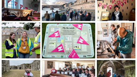 Mosaic of photographs from Berwick festival events including volunteers, guided walks, craft activities and a mascot bear at a military site.