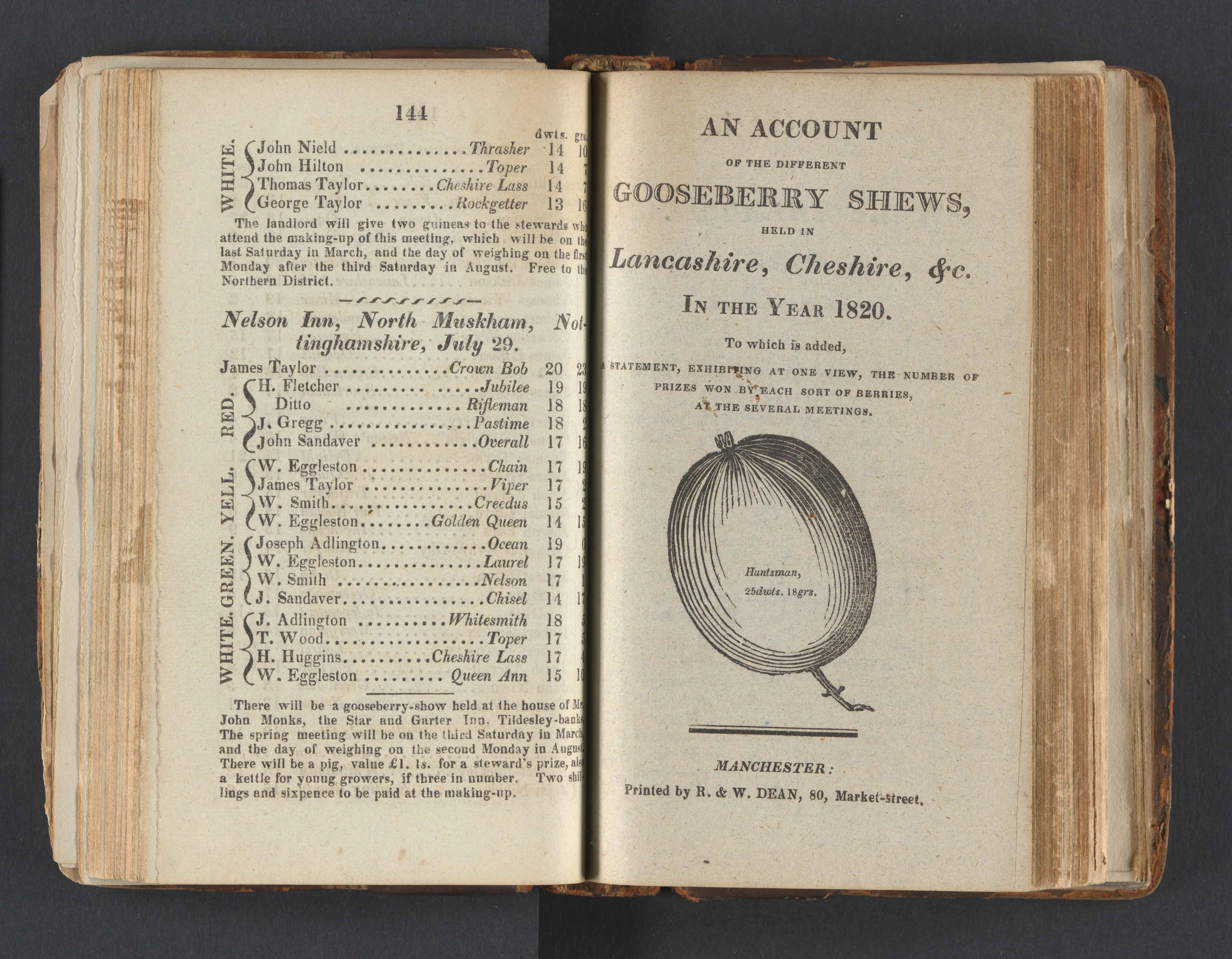 Printed book with list of names on one page and an illustration of a gooseberry on the other.