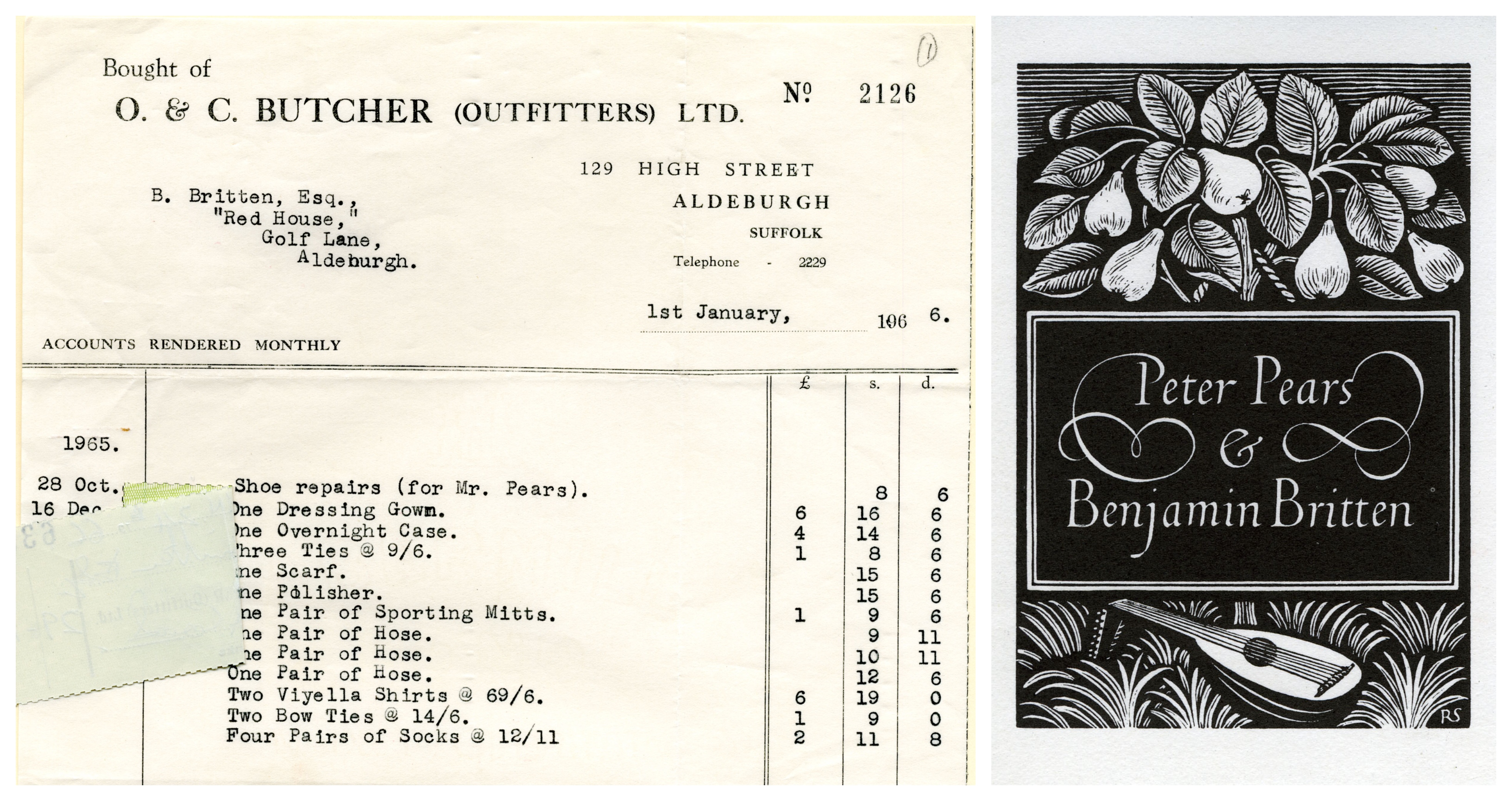 Printed receipt from clothing company and the frontispiece of a book with monochrome illustrations of a lyre and pears.